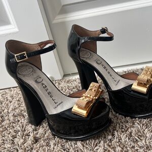 Jefferey Campbell women’s black patent leather stacked heels